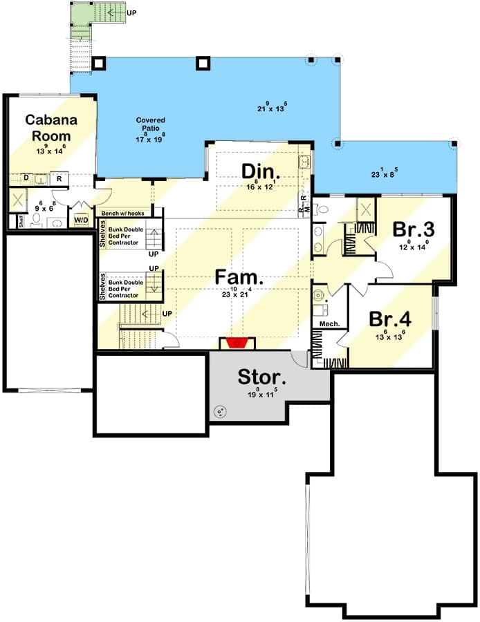 Lower level floor plan with family room, dining room, two bedrooms, and a cabana room.