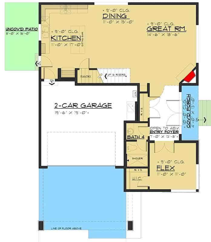 Main level floor plan of a modern prairie style two-story 5-bedroom home with foyer, great room, dining area, kitchen, flex room, and double garage.