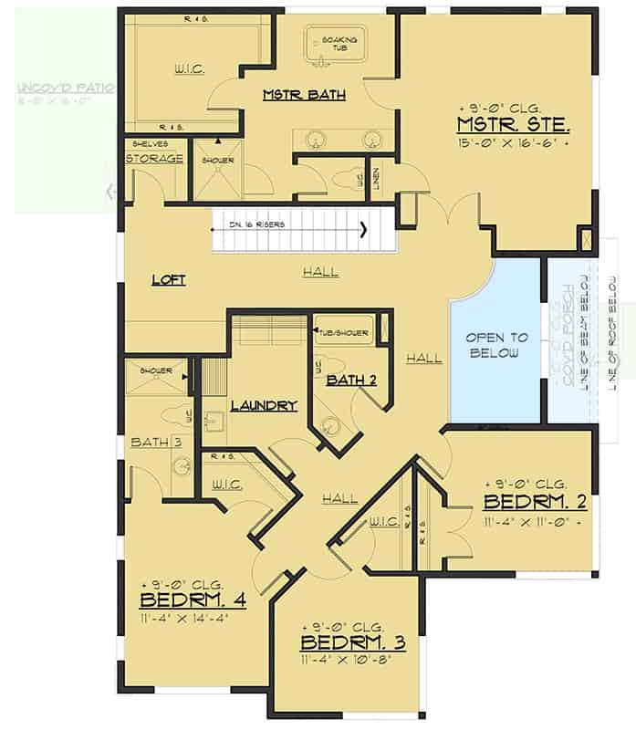Second level floor plan with four bedrooms, three baths, a laundry, and a loft.