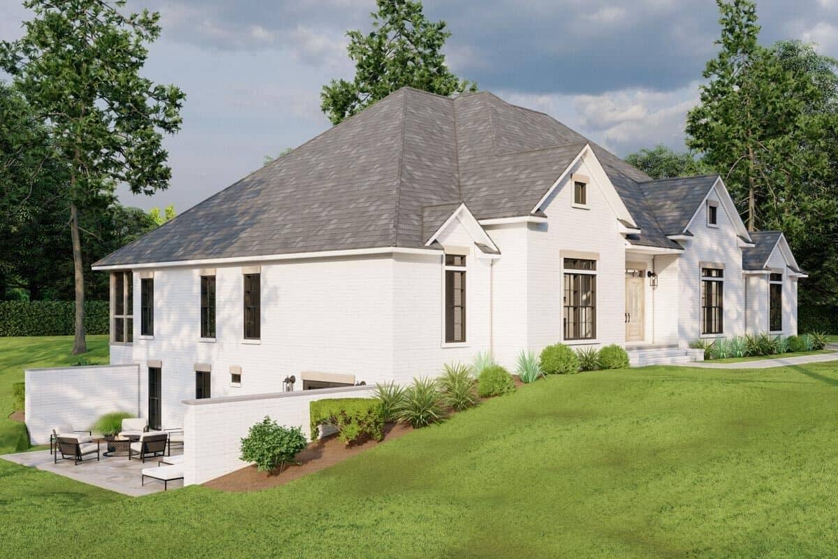 Front-left view with multiple gables and a walkout basement.