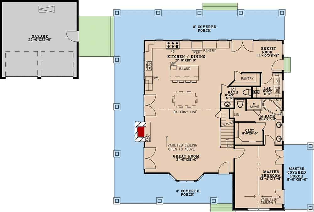 Main level floor plan of a mountain 3-bedroom two-story country home with great room, dining area, kitchen/dining, breakfast nook, primary suite, a detached garage, and a wraparound porch.