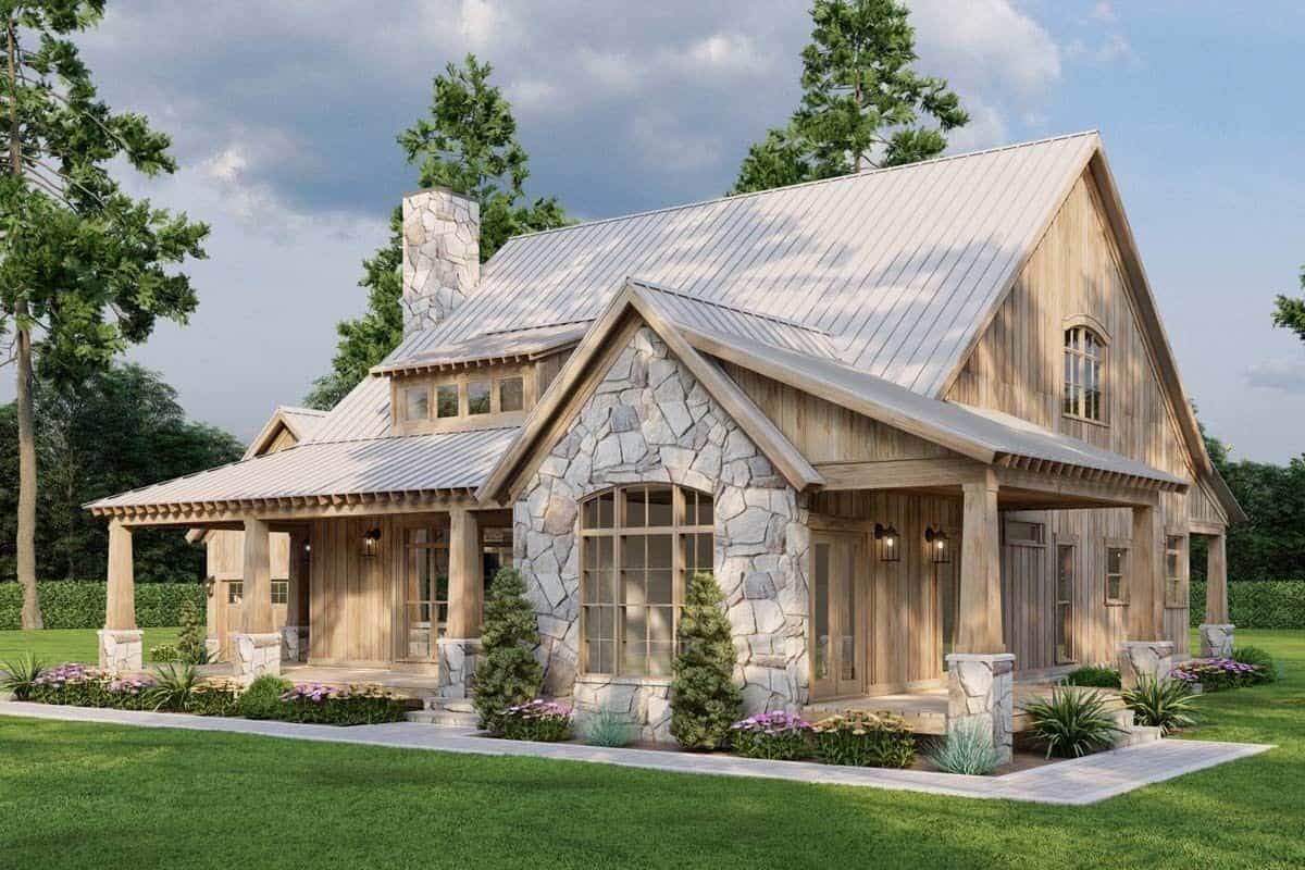 Front-right view with covered porches supported by stone base columns.