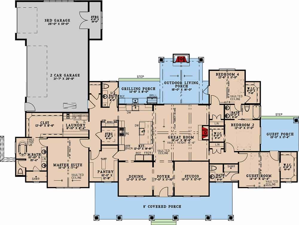 Main level floor plan of a single-story 4-bedroom modern farmhouse with foyer, dining room, studio, great room, kitchen, four bedrooms, laundry, 3-car garage, and lots of outdoor space.