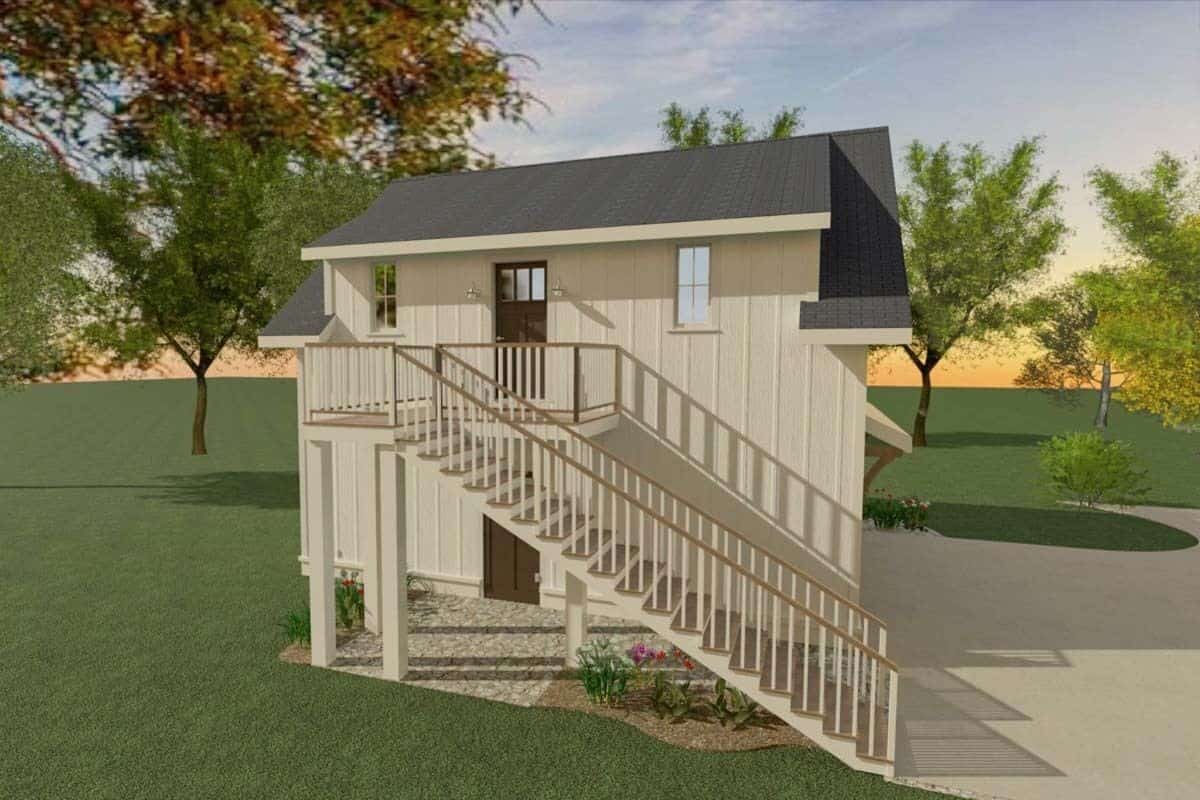 Left view of the house with an exterior staircase leading to the second level living space.