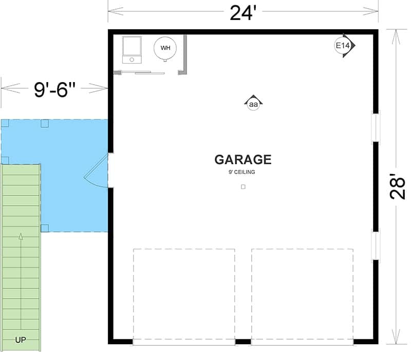Main level floor plan of a country style 1-bedroom two-story carriage home with a 2-car garage and a mechanical room.