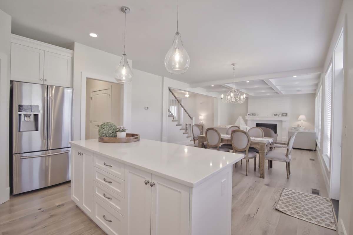 View of the dining area and great room from the kitchen.