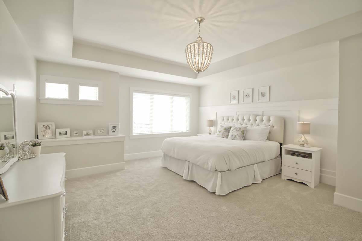 Primary bedroom with a white furnishings and a tray ceiling.