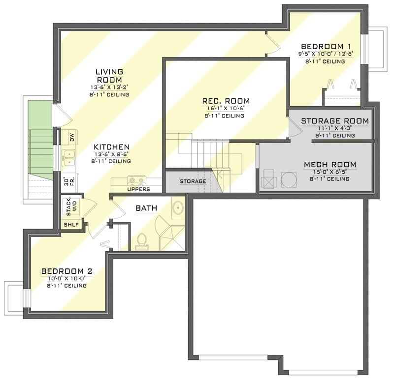 Lower level floor plan with two bedrooms, full kitchen, living room, and rec room.