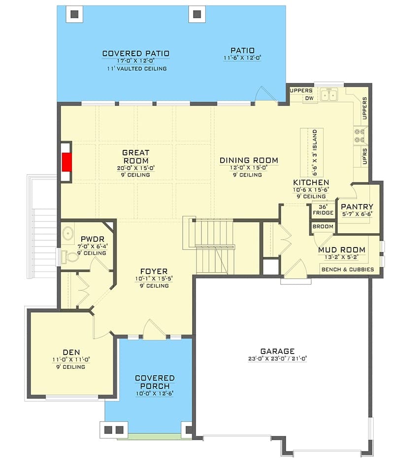 Main level floor plan of a 4-bedroom craftsman style two-story home with foyer, great room, dining area, kitchen, den, and mudroom leading to the garage. full kitchen, living room, and rec room.