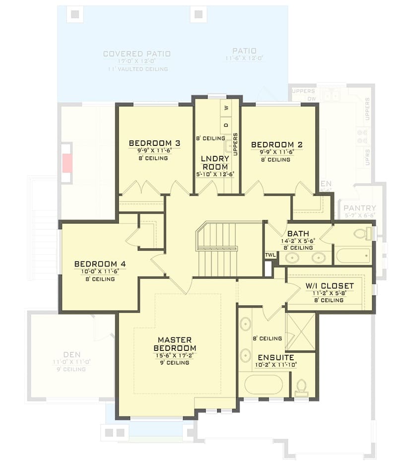Second level floor plan with four bedrooms, two baths, and a laundry room.