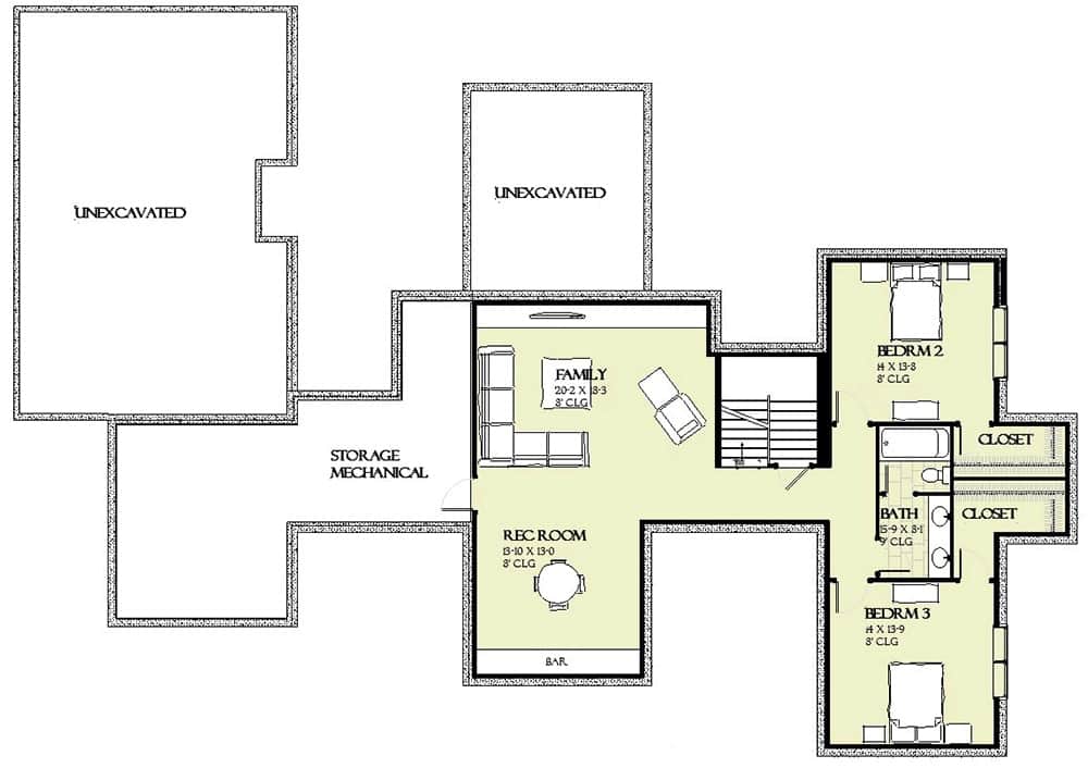 Lower level floor plan with two bedrooms, a shared bath, a family room, and a rec room.