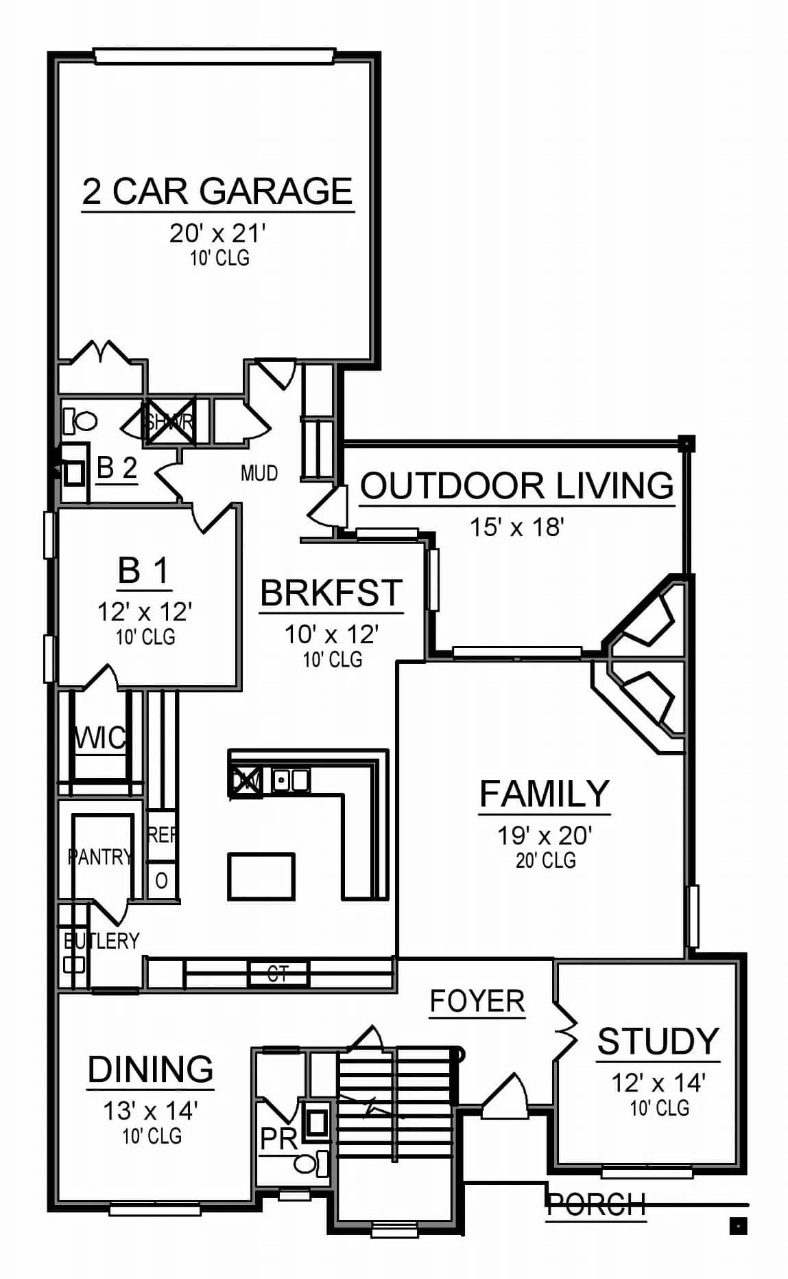 Main level floor plan of a 4-bedroom traditional two-story Wimberley European home with foyer, family room, dining room, kitchen, breakfast nook, study, bedroom, and mudroom leading to the garage.