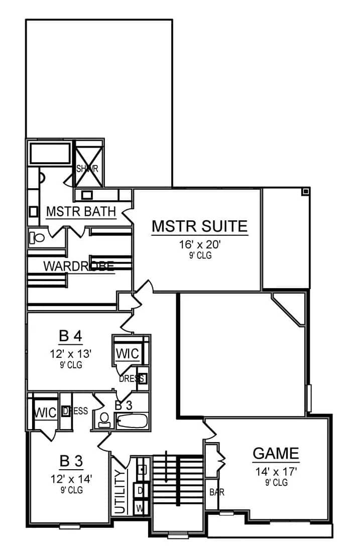Second level floor plan with three bedrooms, two baths, and a game room.