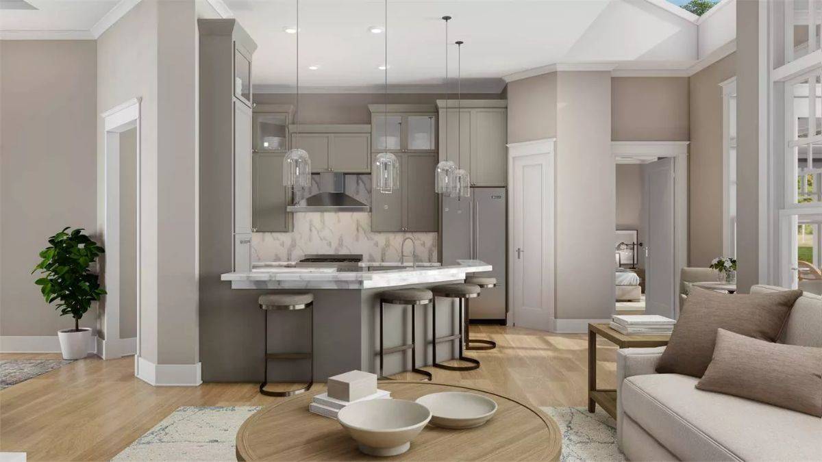 View of the kitchen from the family room.