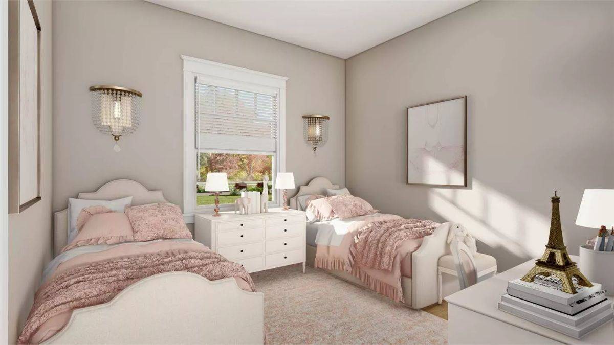 Secondary bedroom with two beds and a white dresser against the window.