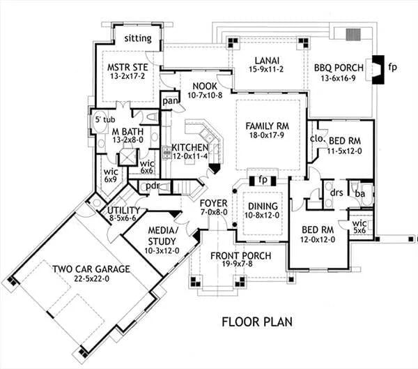 Main level floor plan of the L'Attesa di Vita II 3-bedroom single-story craftsman with foyer, dining room, family room, kitchen, breakfast nook, media/study, three bedrooms, and utility leading to the angled garage.