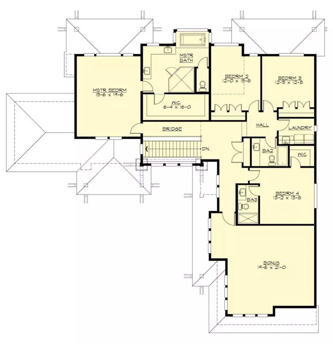 Second level floor plan with four bedrooms, three baths, a laundry, and a bonus room.