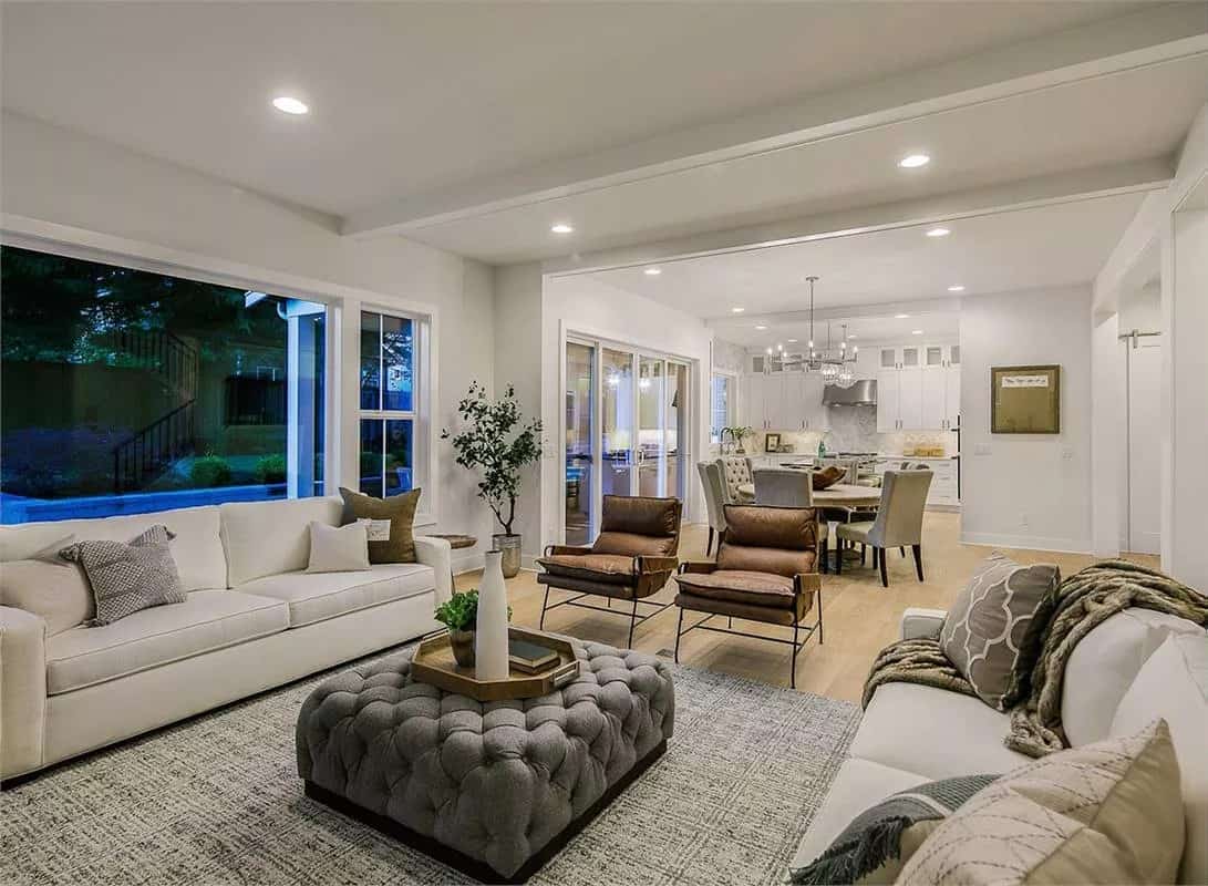 A large opening connects the great room to the dining area and kitchen.