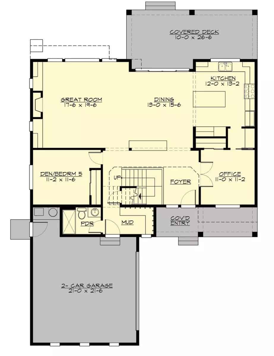 Main level floor plan of the Hansville 4-bedroom two-story farmhouse with foyer, great room, dining area, kitchen, office, den/bedroom, and mudroom leading to the garage.