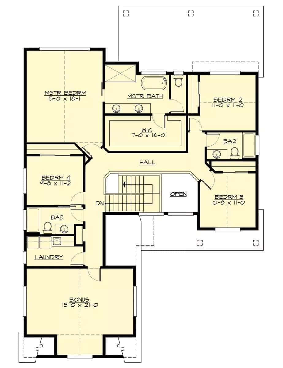 Second level floor plan with four bedrooms, three baths, a laundry, and a bonus room.