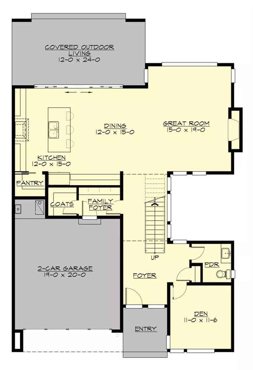 Main level floor plan of a 4-bedroom modern urban style two-story Rona home with foyer, great room, dining area, kitchen, den, and family foyer leading to the garage.