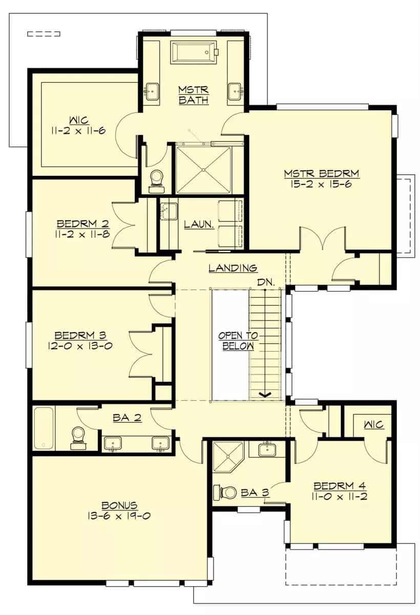Second level floor plan with four bedrooms, three baths, a laundry, and a bonus room.