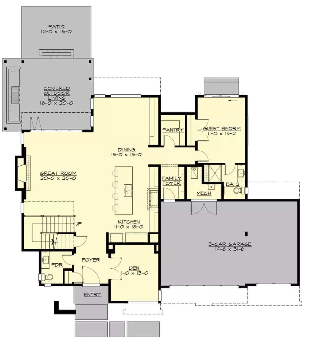 Main level floor plan of a 5-bedroom contemporary two-story Capella home with foyer, great room, kitchen, dining area, den, guest room, and family foyer that opens to the 3-car garage.