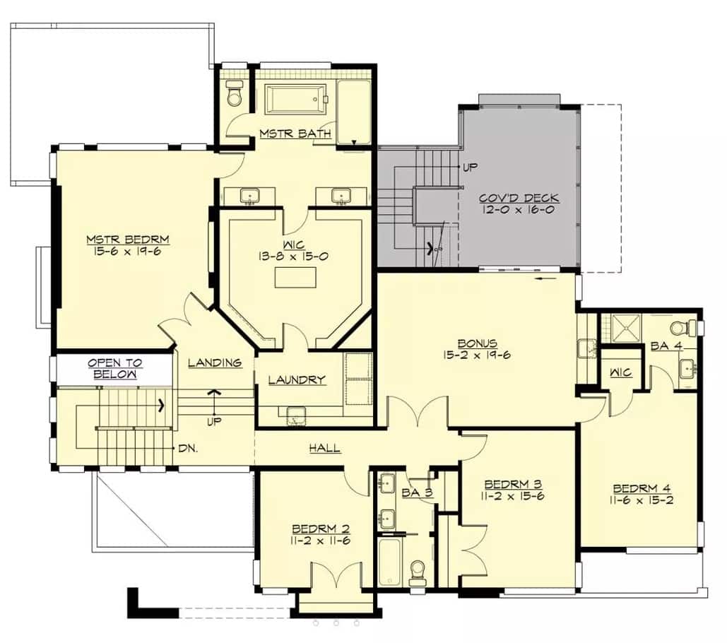 Second level floor plan with four bedrooms, three baths, a laundry, and a bonus room.