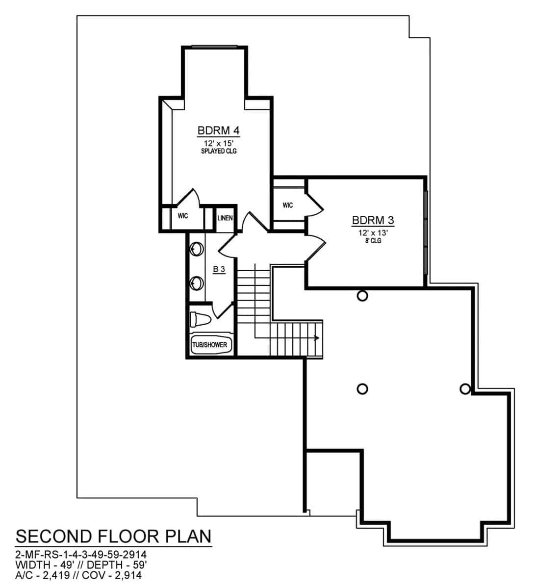 Second level floor plan with two bedrooms and a shared bathroom.