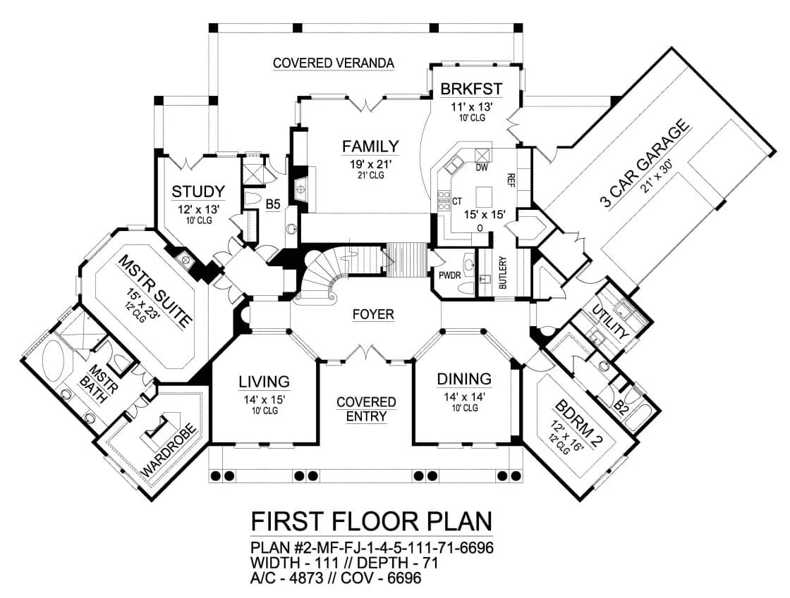 Main level floor plan of the Budapest two-story European style 4-bedroom home with foyer, living room, dining room, family room, kitchen, breakfast nook, two bedrooms, study, and an angled 3-car garage.