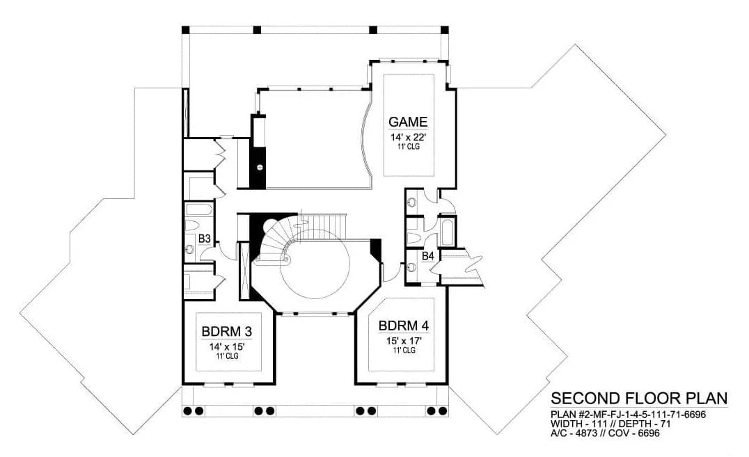 Second level floor plan with two bedroom suites and a game room.