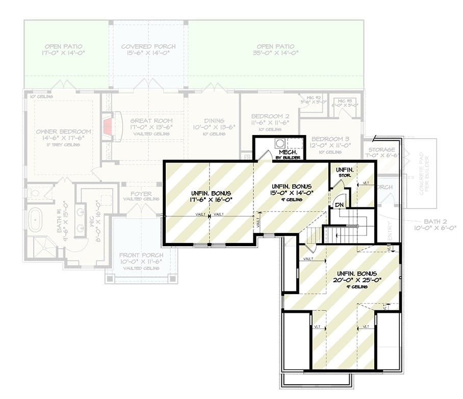 Bonus level floor plan with three unfinished rooms and a mechanical room.