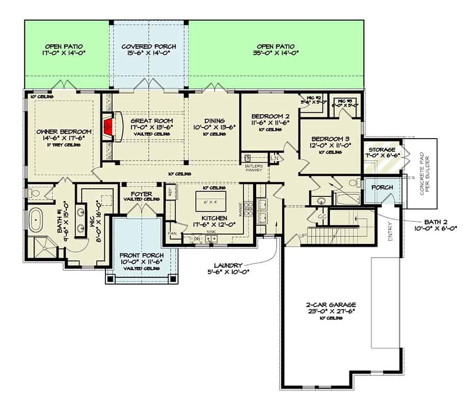 Main level floor plan of a 3-bedroom New American style single-story home with foyer, great room, dining room, kitchen, three bedrooms, laundry, and a 2-car side-loading garage.