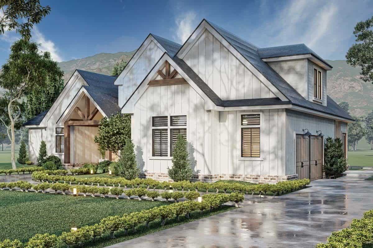 Front-right view with a covered entry porch and a side-loading garage.