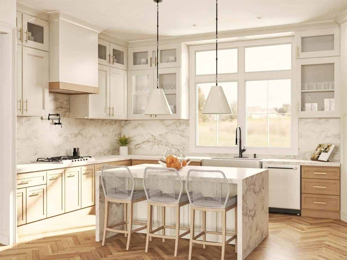 Kitchen with white cabinets, a waterfall island, and a farmhouse sink under the white-framed windows.