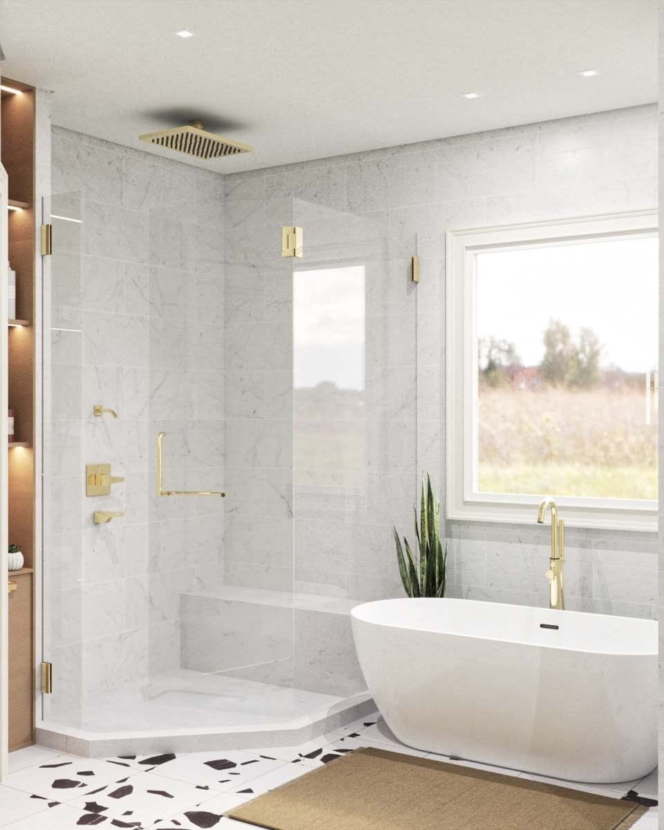 Primary bathroom with a soaking tub and a glass-enclosed shower with a tiled bench.