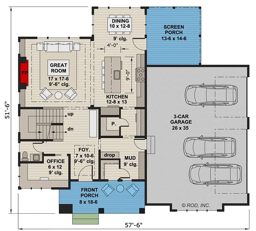 Main level floor plan of a craftsman style two-story 4-bedroom home with foyer, office, great room, kitchen, dining area, and mudroom leading to the garage.
