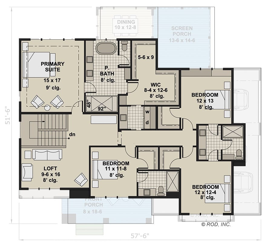 Second level floor plan with four bedrooms, three baths, laundry, and loft.