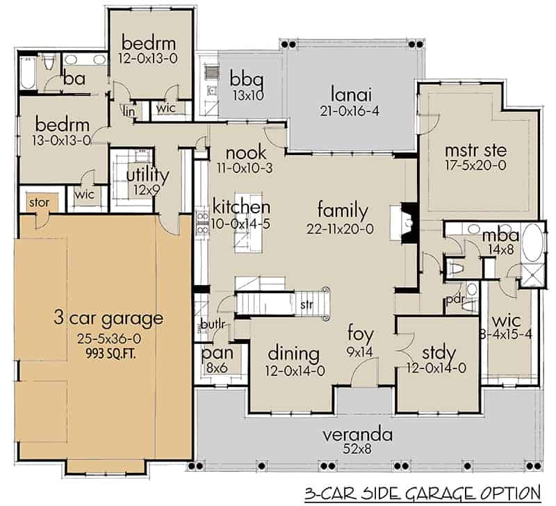 3-Car side garage option - Main level