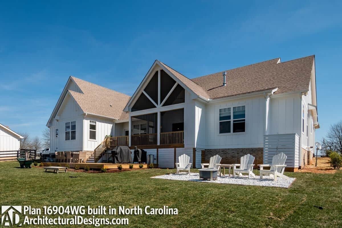 Rear view of the house showcasing the multiple porches and open patios.