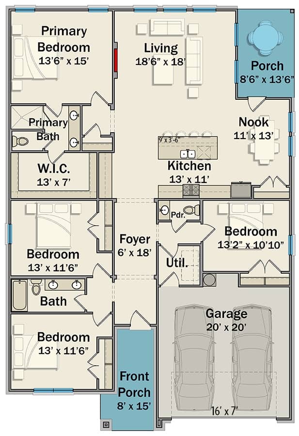 Main level floor plan of a 4-bedroom modern single-story farmhouse with foyer, kitchen, living room, breakfast nook, four bedrooms, and utility leading to the garage.
