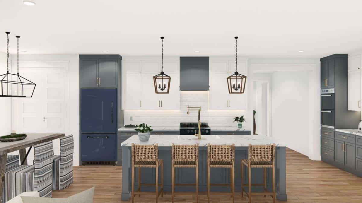 Kitchen with custom cabinetry and a breakfast island lined with rattan counter chairs.