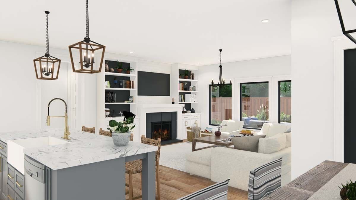 View of the kitchen and great room from the dining room.