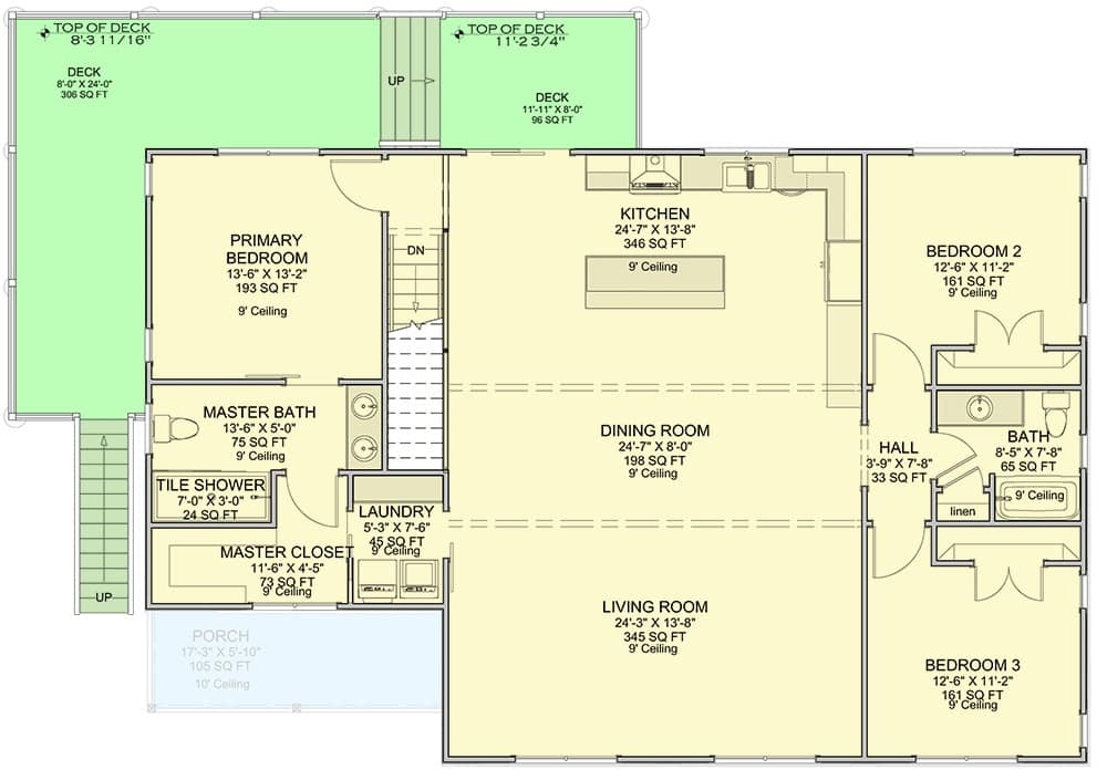 Second level floor plan with three bedrooms, living room, dining room, kitchen, laundry room, and a wraparound deck.