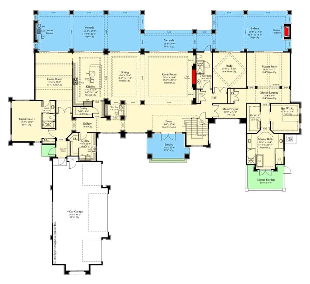 Main level floor plan of a modern two-story 4-bedroom coastal home with foyer, great room, dining room, kitchen, two bedrooms, a game room, utility, mudroom leading to the garage, and tons of outdoor space.