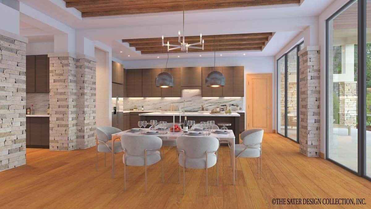 Dining area with a rectangular dining set surrounded by round back chairs.