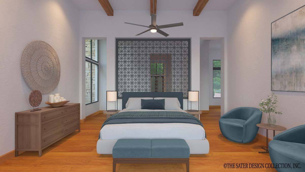Guest suite with round back chairs, a wooden dresser, and a platform bed complemented with a cushioned bench.