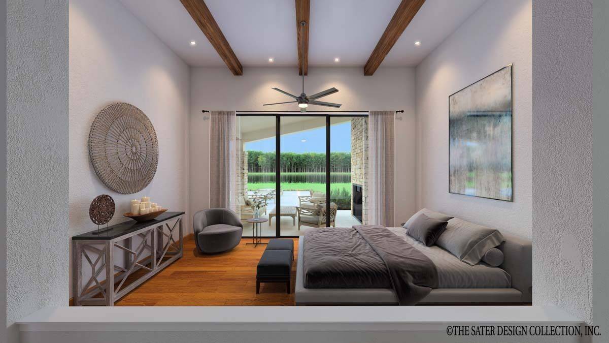 Primary bedroom with a platform bed, an intricate console table, and outdoor access via glass sliders.