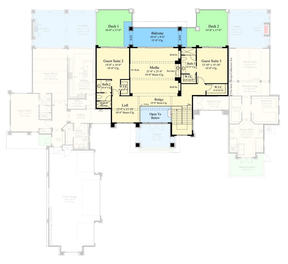 Second level floor plan with two guest suites, a loft, and a media room that opens to a covered balcony.