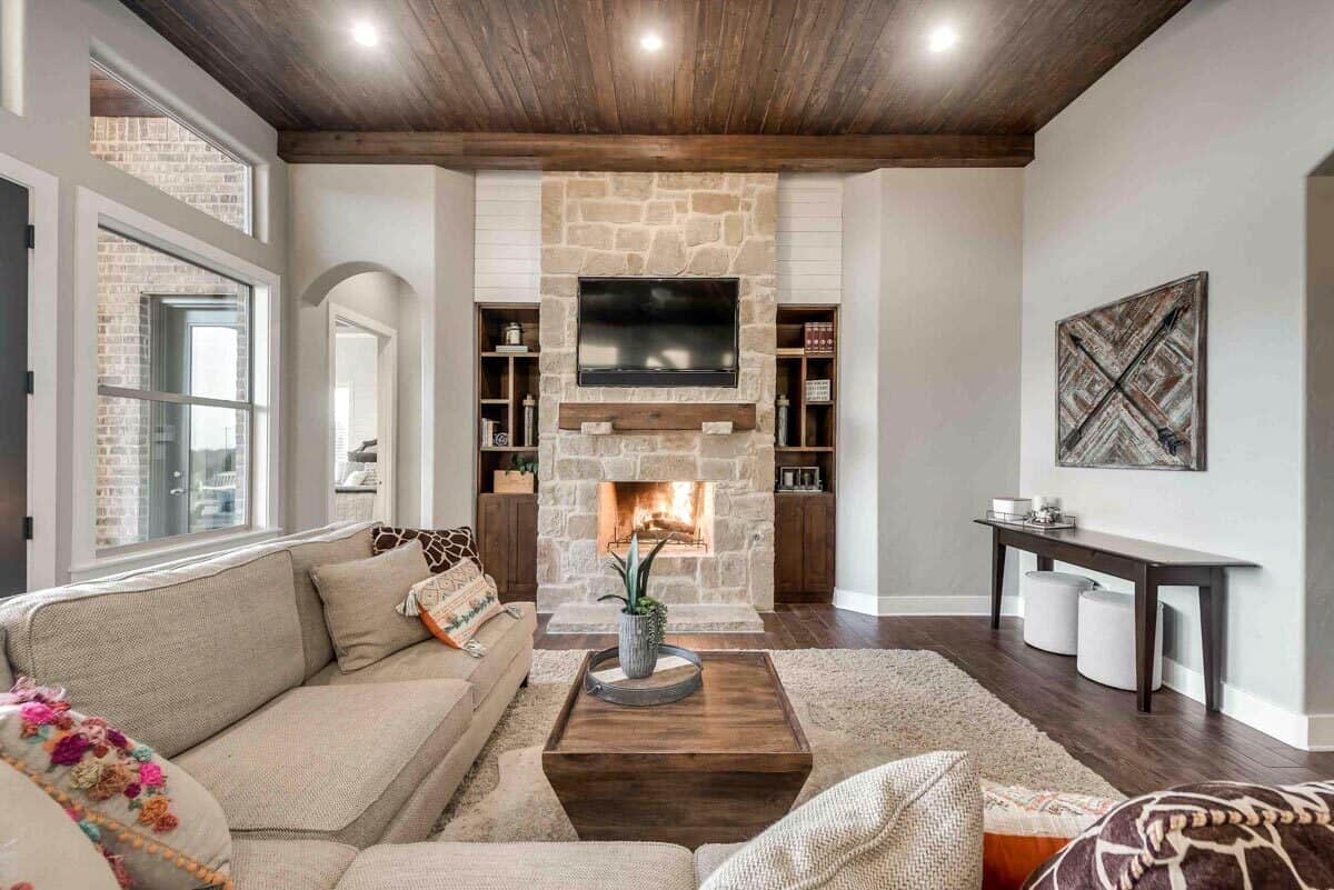 White-framed windows bring natural light into the family room.